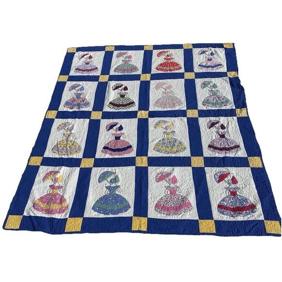Vintage Parasol Ladies Quilt Hand Stitched Appliqués Blue Border Twin 74”X91” - Picture 4 of 16